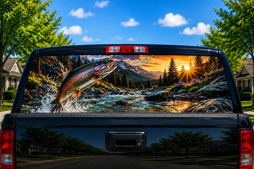 Rainbow Trout Stream perforated rear-window decal installed on a pickup truck back glass