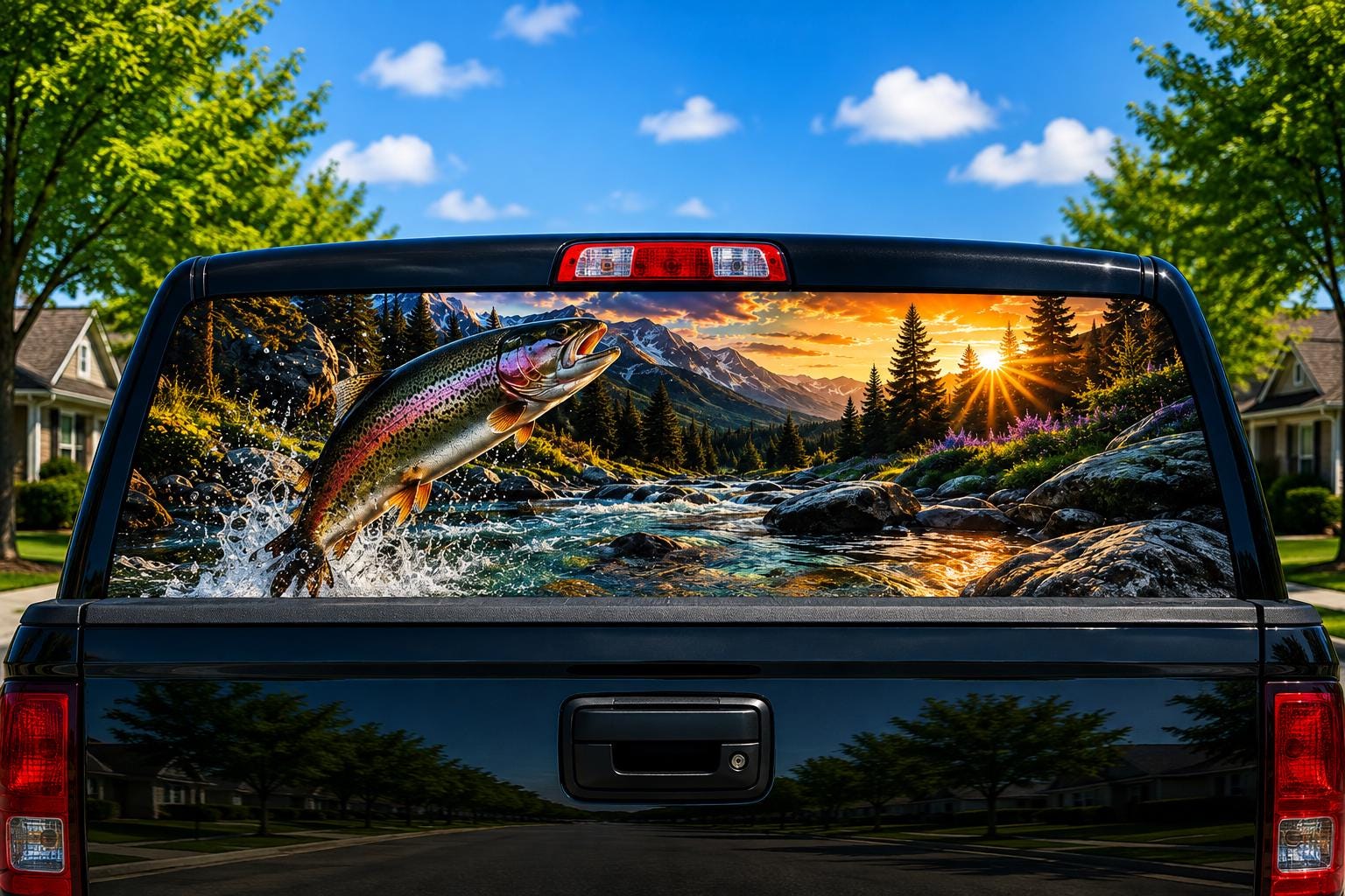 Rainbow Trout Stream perforated rear-window decal installed on a pickup truck back glass