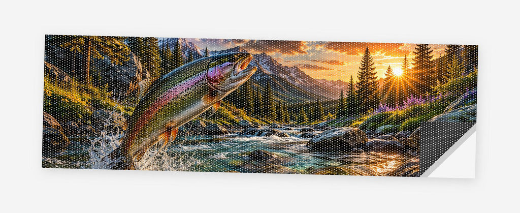 Rainbow Trout Stream 68 x 18.5 inch perforated vinyl truck decal printed flat on white, corner folded up showing the perforation pattern and liner
