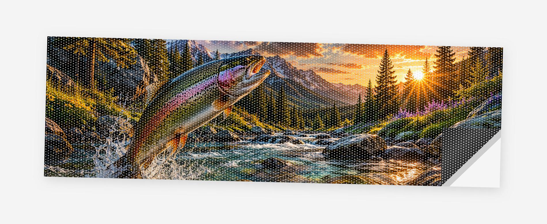 Rainbow Trout Stream 68 x 18.5 inch perforated vinyl truck decal printed flat on white, corner folded up showing the perforation pattern and liner