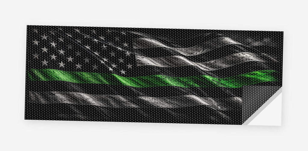 Thin Green Line Steel Flag 68 x 18.5 inch perforated vinyl truck decal printed flat on white, corner folded up showing the perforation pattern and liner