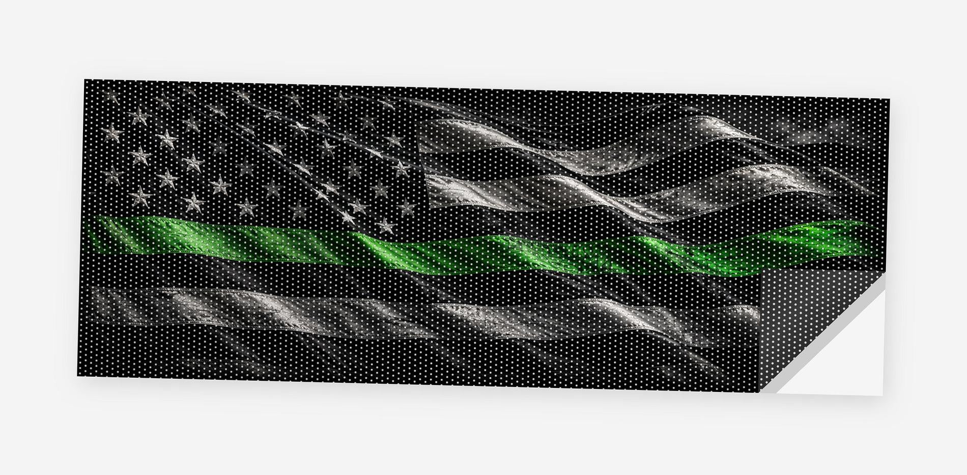 Thin Green Line Steel Flag 68 x 18.5 inch perforated vinyl truck decal printed flat on white, corner folded up showing the perforation pattern and liner