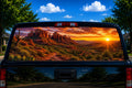 Red Rock Canyon Sunset perforated rear-window decal installed on a pickup truck back glass