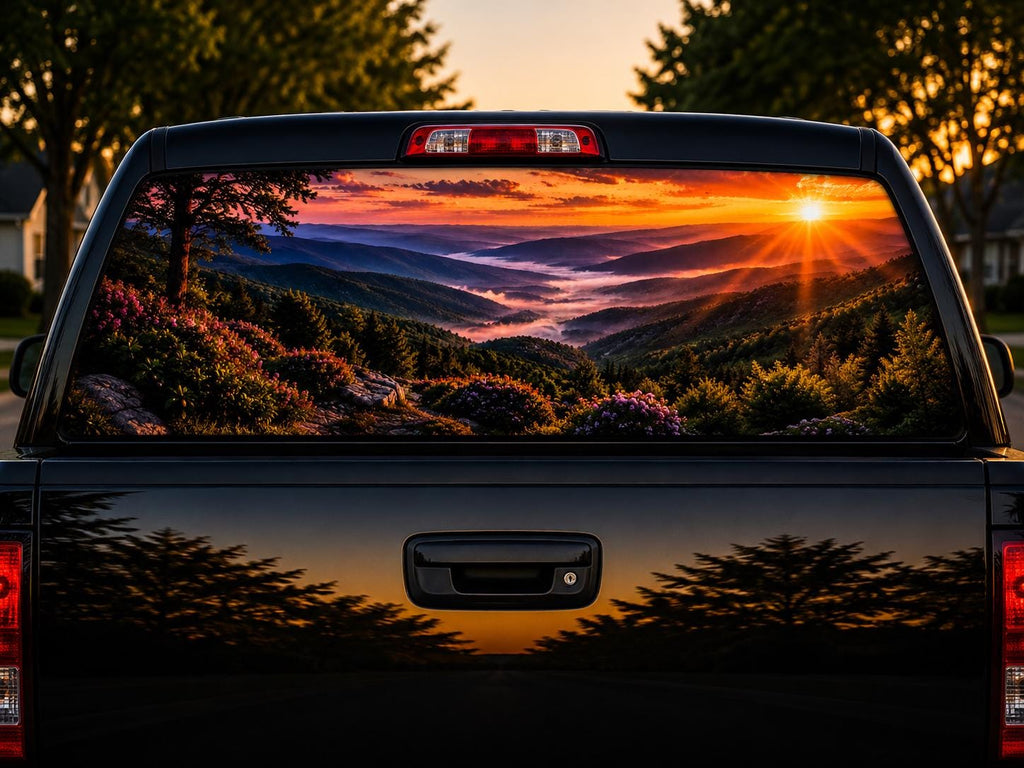 Blue Ridge Sunset perforated rear-window decal installed on a pickup truck back glass