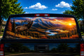 Elk Ridge Sunset perforated rear-window decal installed on a pickup truck back glass