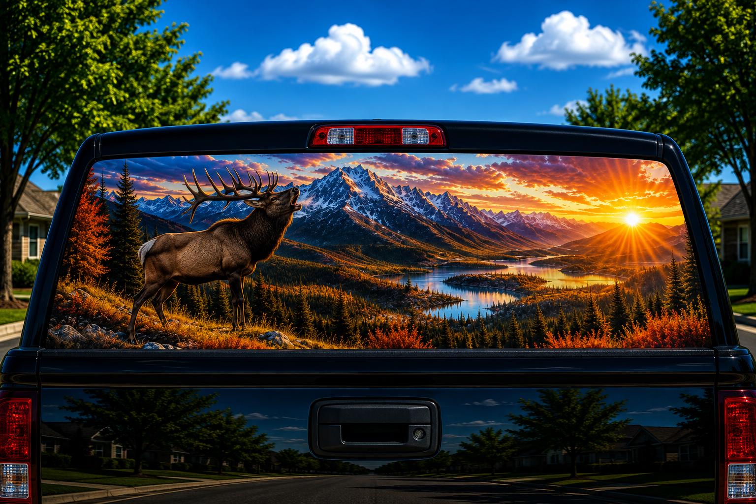 Elk Ridge Sunset perforated rear-window decal installed on a pickup truck back glass