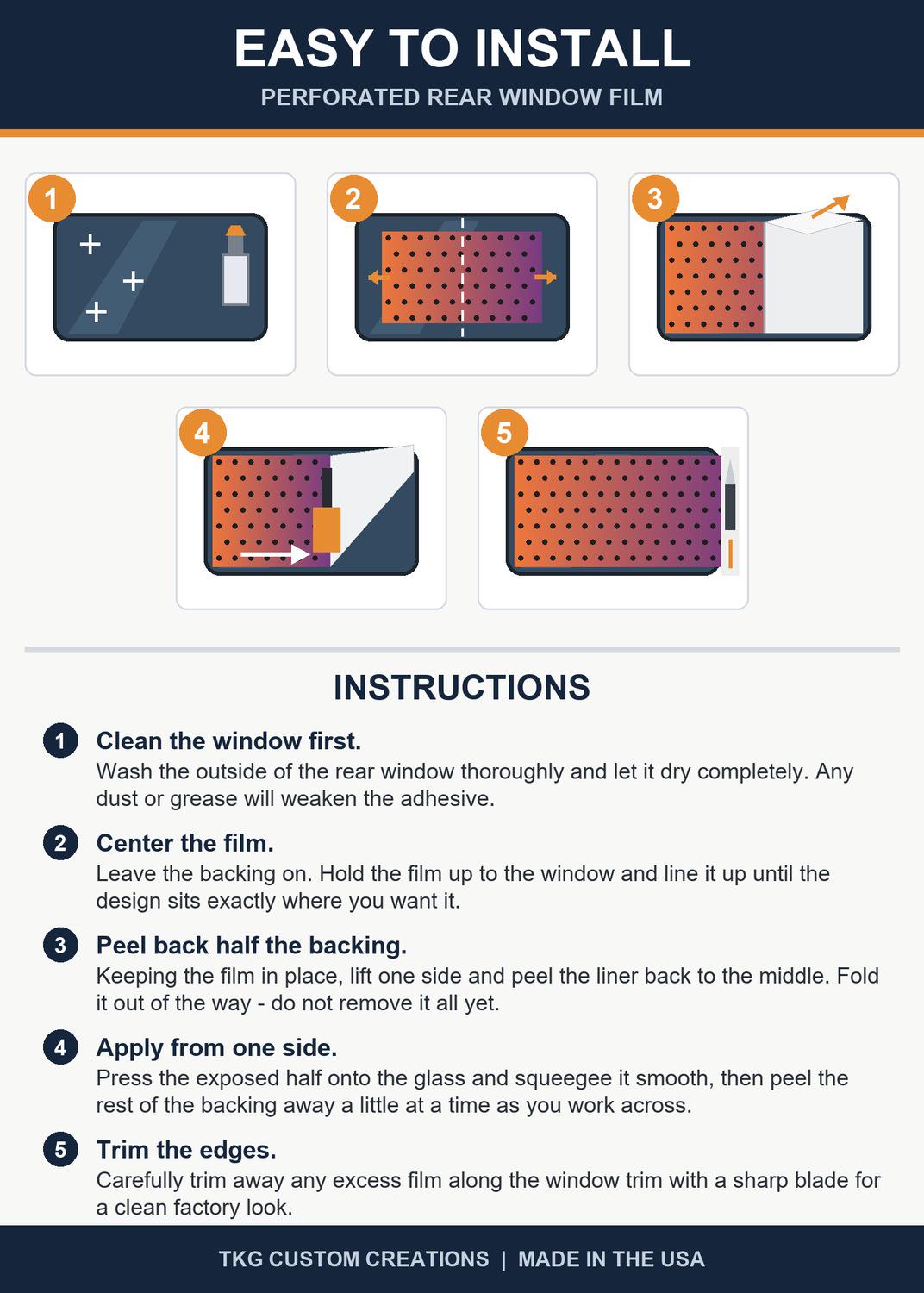 Step-by-step installation instruction card for the perforated rear-window decal