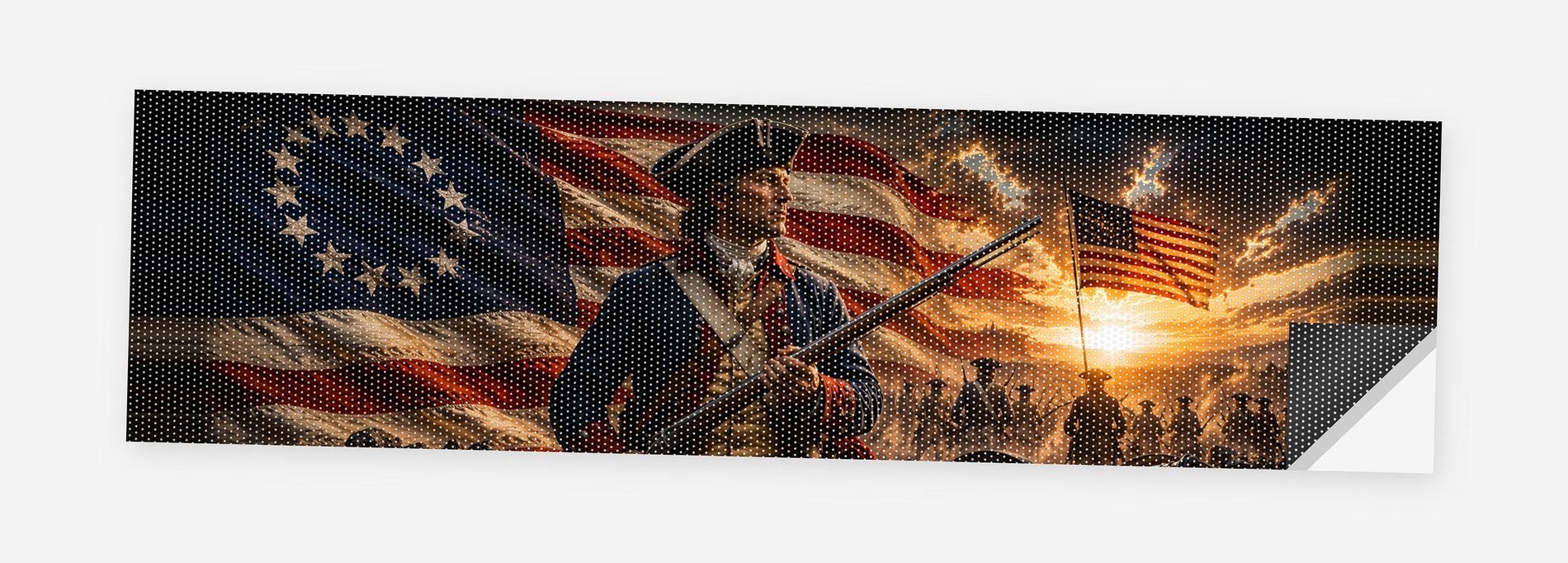 1776 Patriot Flag 68 x 18.5 inch perforated vinyl truck decal printed flat on white, corner folded up showing the perforation pattern and liner