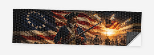 1776 Patriot Flag 68 x 18.5 inch perforated vinyl truck decal printed flat on white, corner folded up showing the perforation pattern and liner