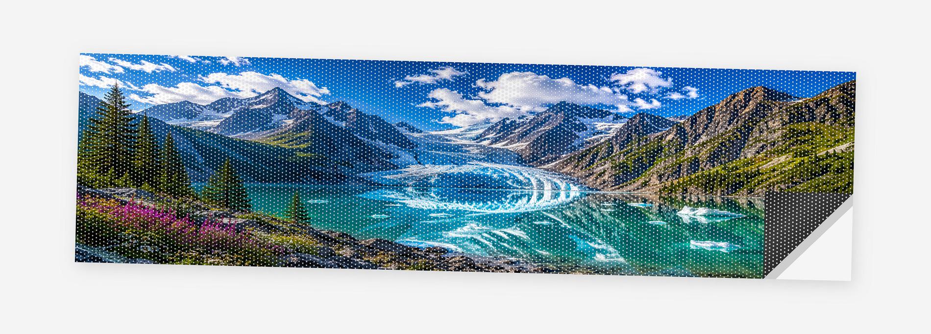 Alpine Lake Paradise 68 x 18.5 inch perforated vinyl truck decal printed flat on white, corner folded up showing the perforation pattern and liner