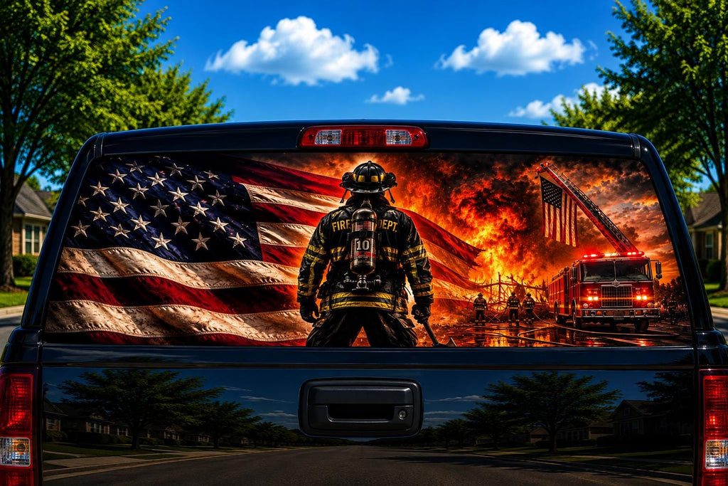 Firefighter Tribute Flag perforated rear-window decal installed on a pickup truck back glass