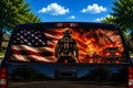 Firefighter Tribute Flag perforated rear-window decal installed on a pickup truck back glass