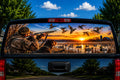 Duck Hunters at Dawn perforated rear-window decal installed on a pickup truck back glass