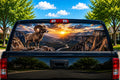 Bighorn Canyon Sunrise perforated rear-window decal installed on a pickup truck back glass