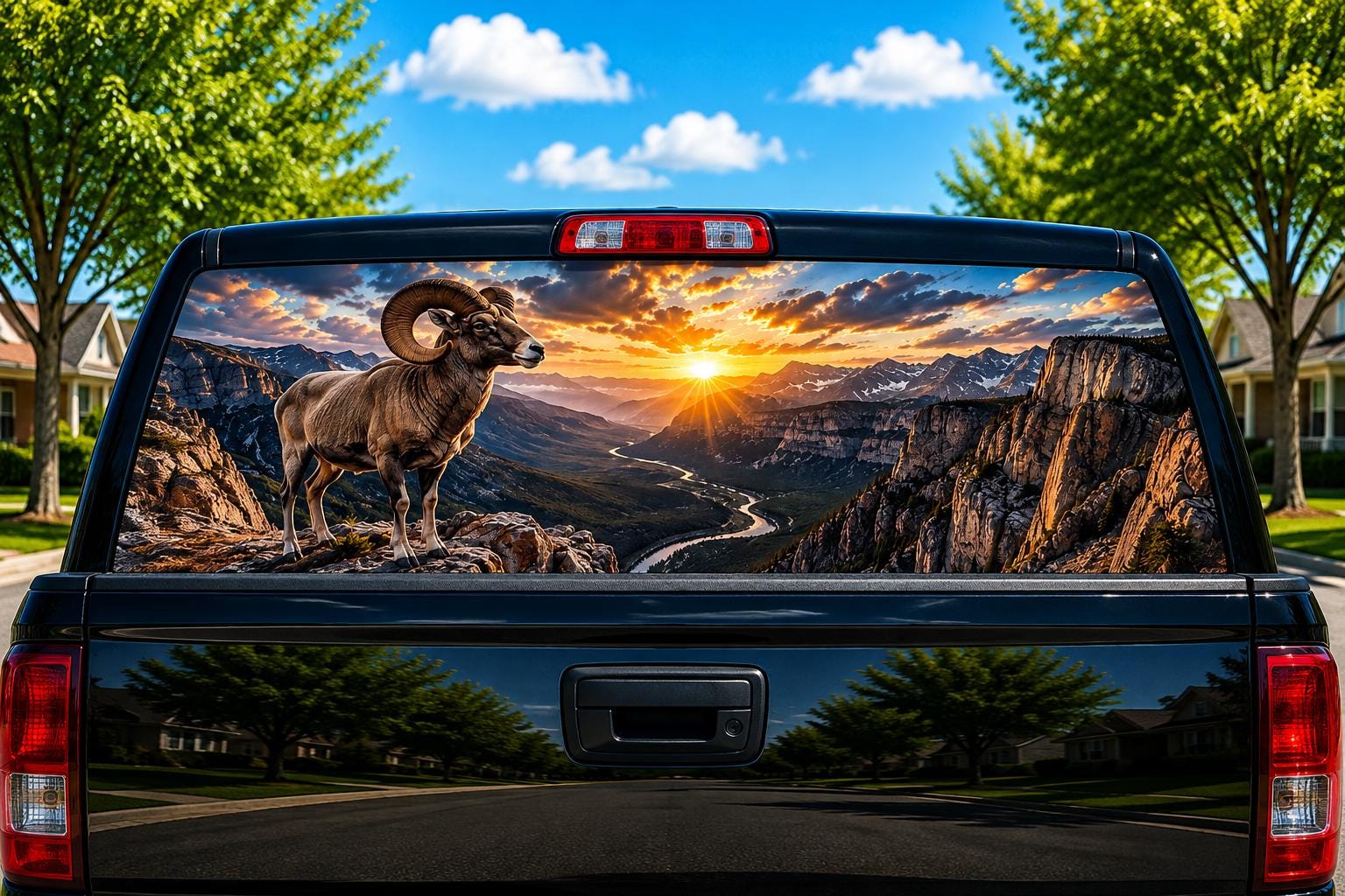 Bighorn Canyon Sunrise perforated rear-window decal installed on a pickup truck back glass