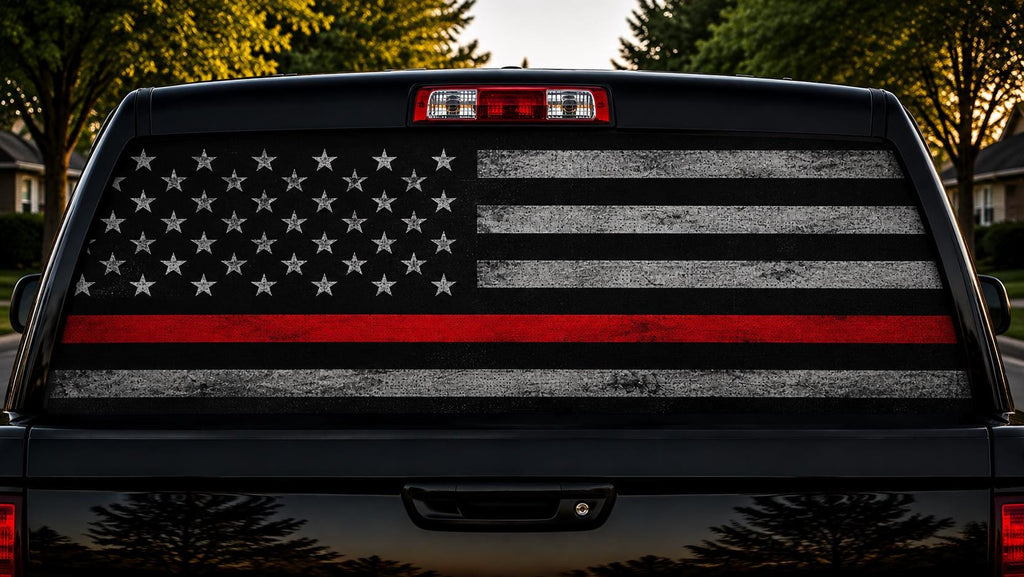 Thin Red Line Flag perforated rear-window decal installed on a pickup truck back glass