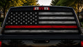 Thin Red Line Flag perforated rear-window decal installed on a pickup truck back glass