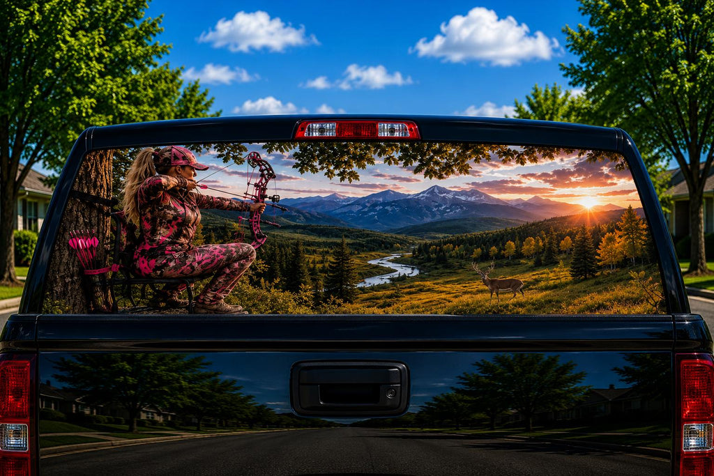 Country Girl Bowhunter perforated rear-window decal installed on a pickup truck back glass