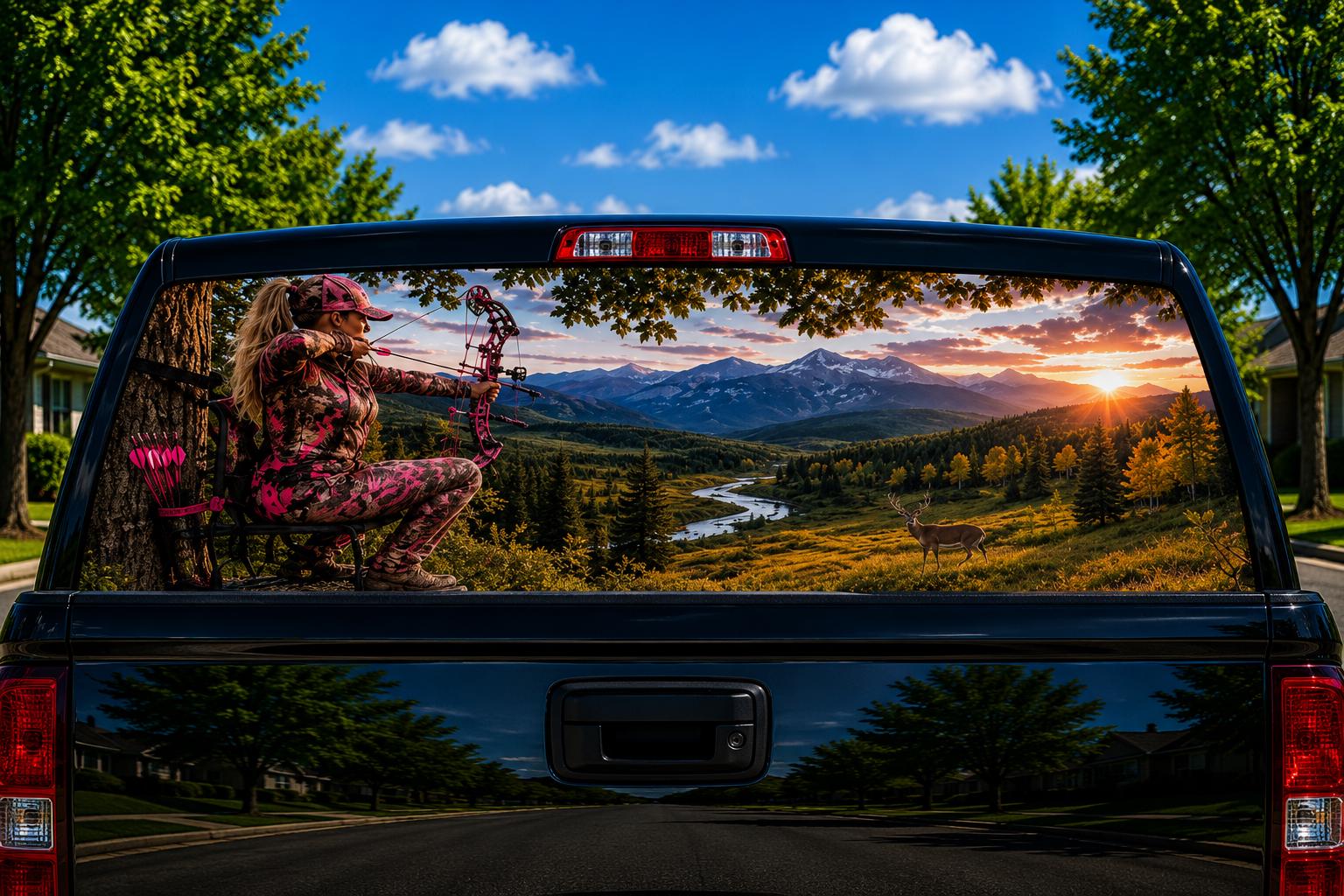 Country Girl Bowhunter perforated rear-window decal installed on a pickup truck back glass