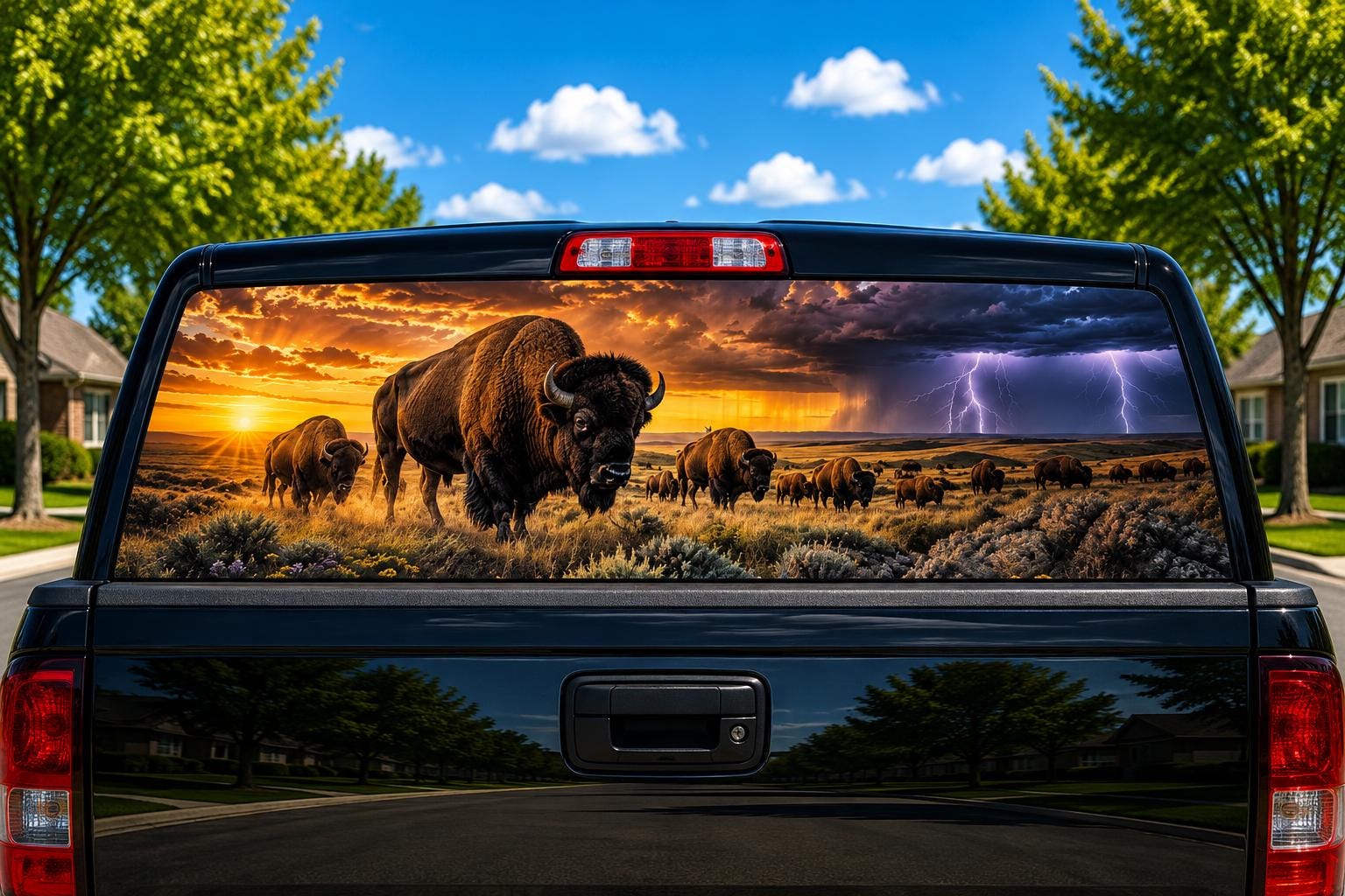 Buffalo Thunder Plains perforated rear-window decal installed on a pickup truck back glass