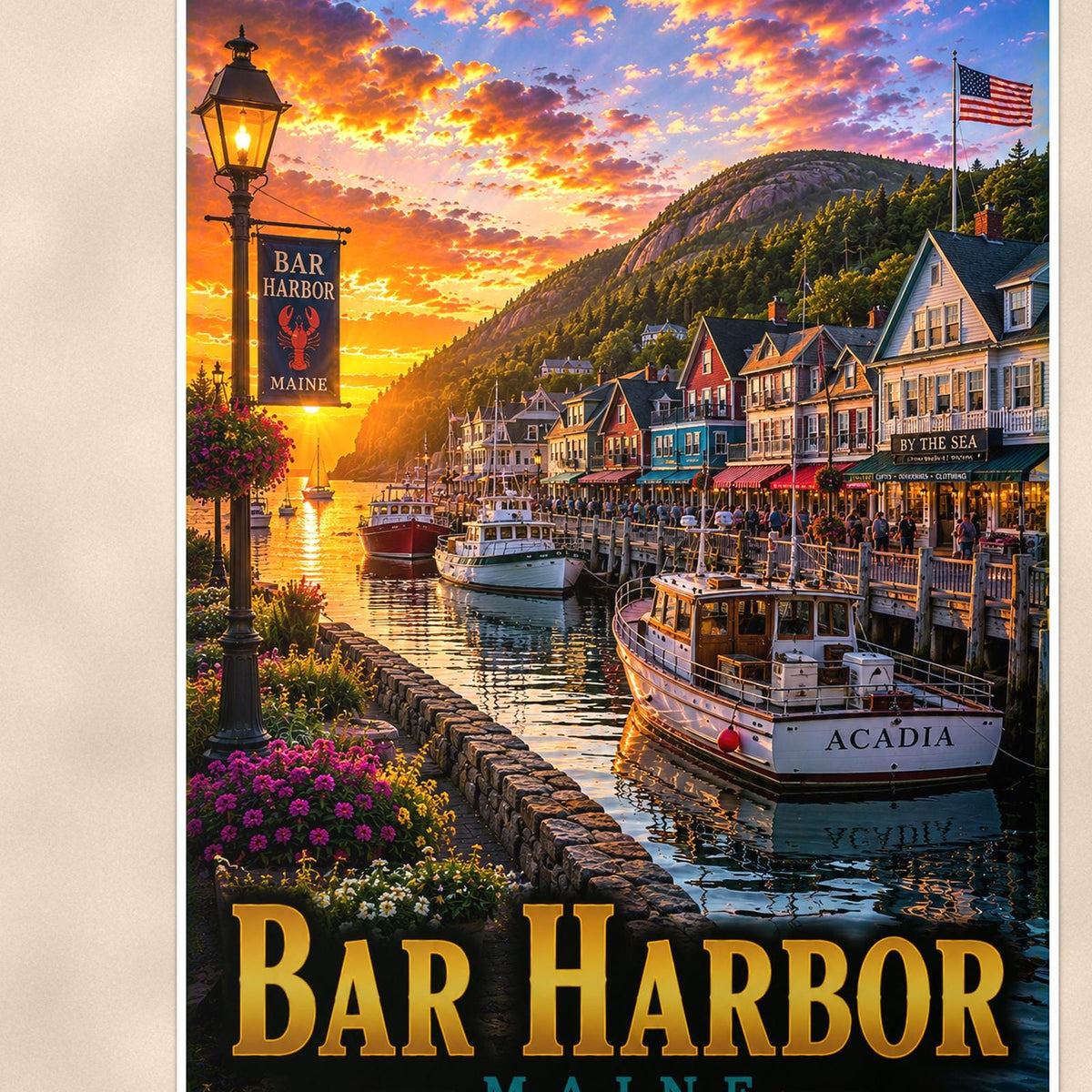 Bar Harbor — 24x36 in art print poster, premium luster paper with a white border; close-up framed on the main subject of the artwork, paper surface visible.