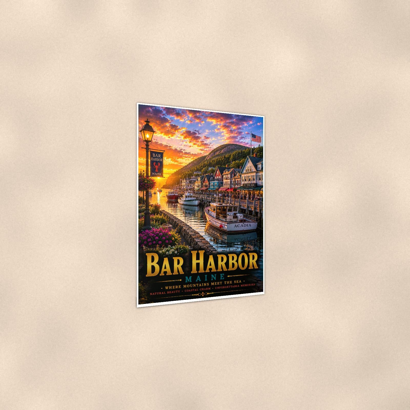 Bar Harbor — 24x36 in art print poster, premium luster paper with a white border; gentle three-quarter angle on a warm wall, showing the flat paper edge.