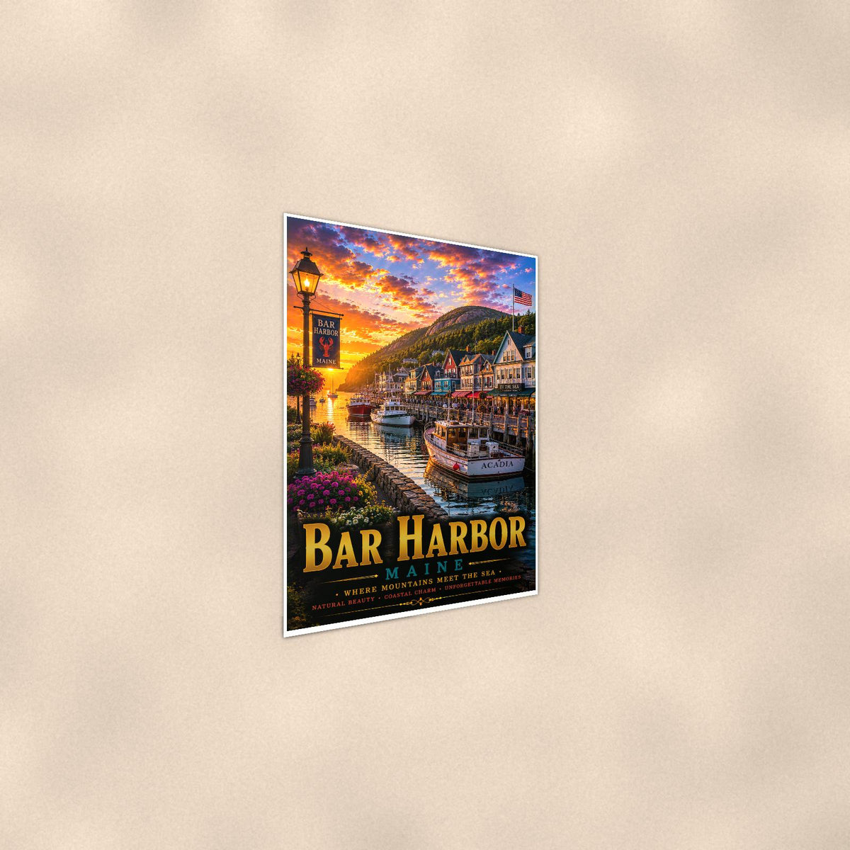Bar Harbor — 24x36 in art print poster, premium luster paper with a white border; steeper three-quarter angle on a warm wall, catching the luster sheen.