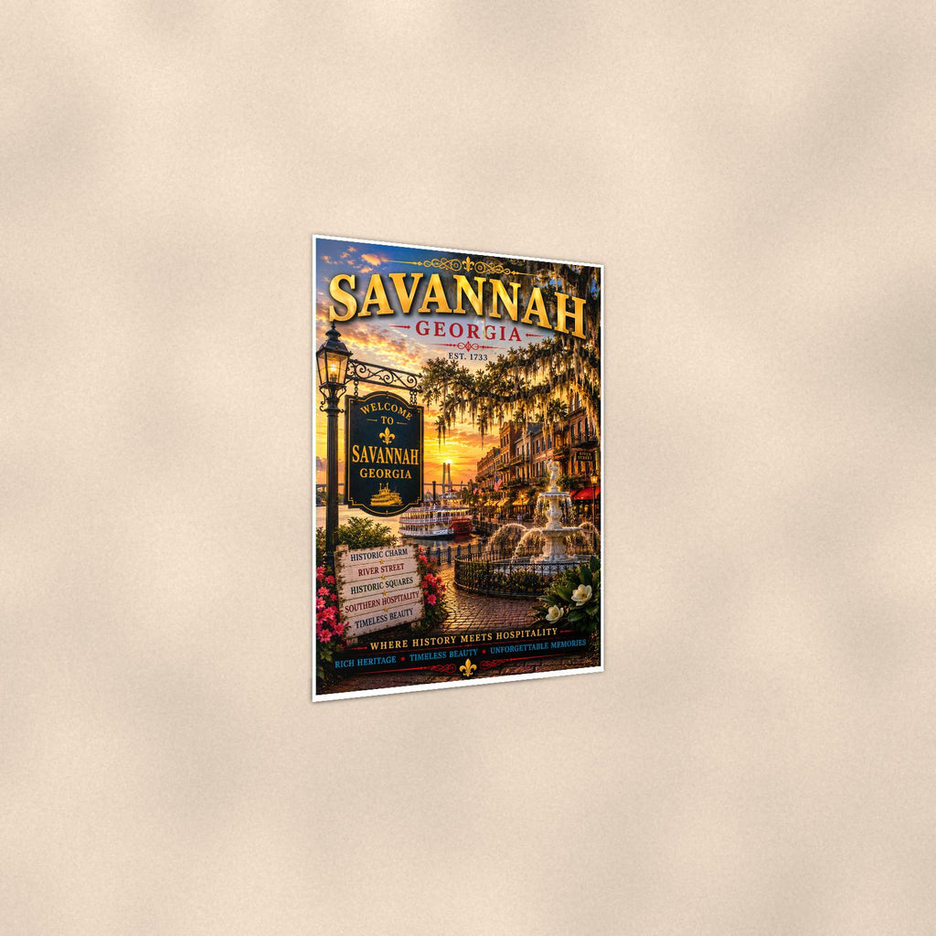 Savannah — 24x36 in art print poster, premium luster paper with a white border; gentle three-quarter angle on a warm wall, showing the flat paper edge.