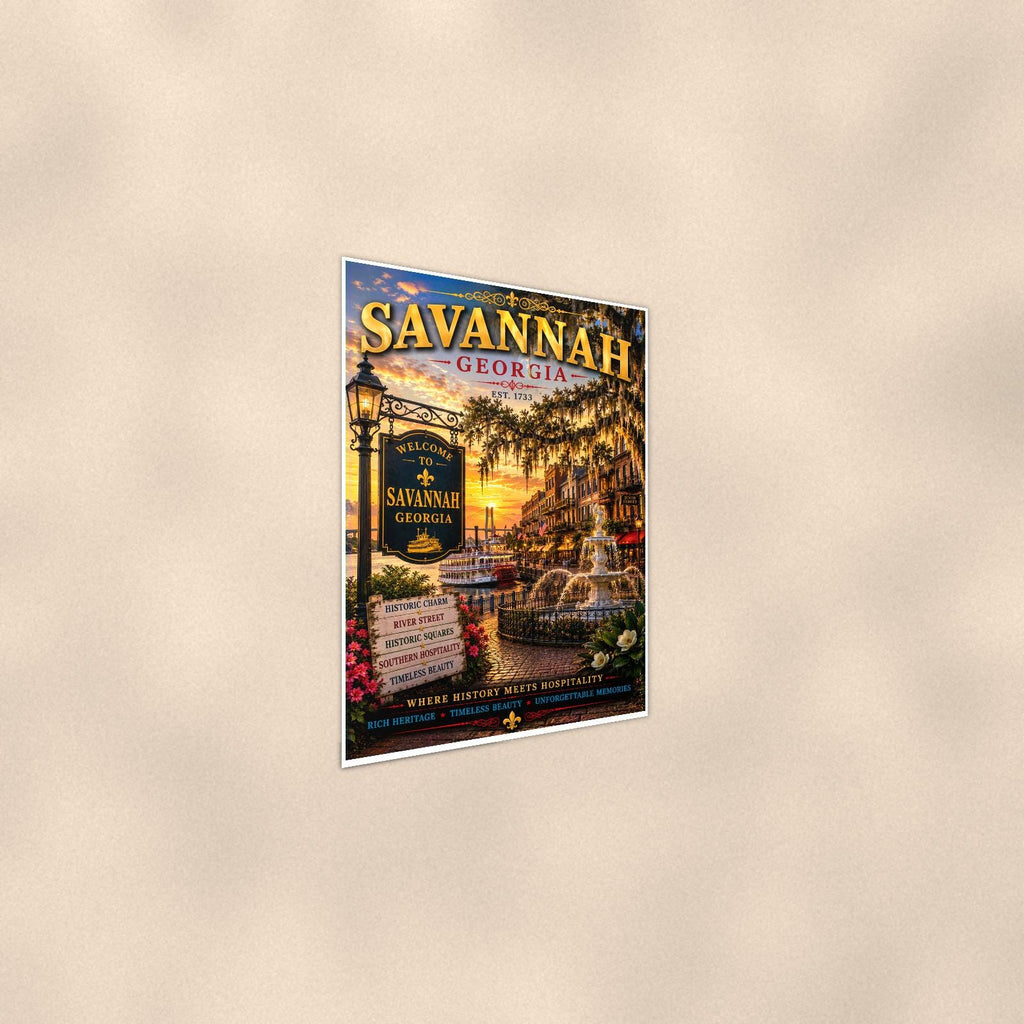 Savannah — 24x36 in art print poster, premium luster paper with a white border; steeper three-quarter angle on a warm wall, catching the luster sheen.