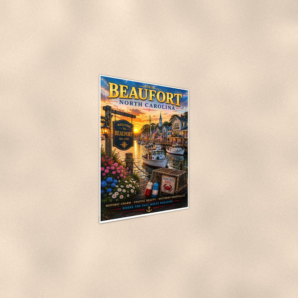 Beaufort — 24x36 in art print poster, premium luster paper with a white border; steeper three-quarter angle on a warm wall, catching the luster sheen.