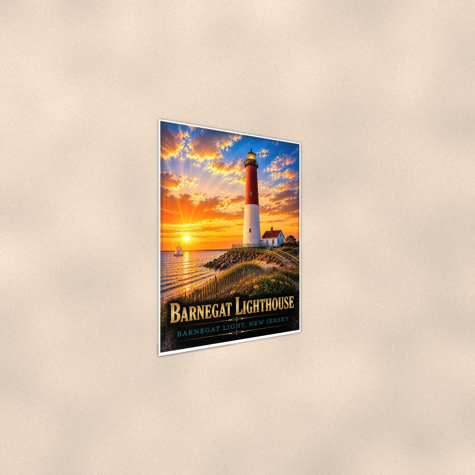 Barnegat Lighthouse — 24x36 in art print poster, premium luster paper with a white border; steeper three-quarter angle on a warm wall, catching the luster sheen.