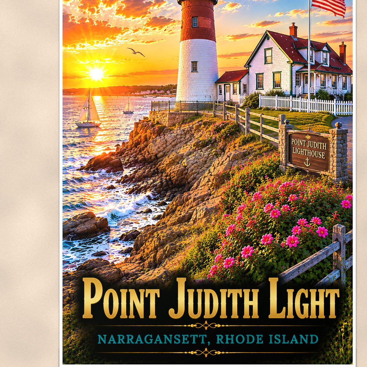 Point Judith Lighthouse — 24x36 in art print poster, premium luster paper with a white border; close-up framed on the main subject of the artwork, paper surface visible.