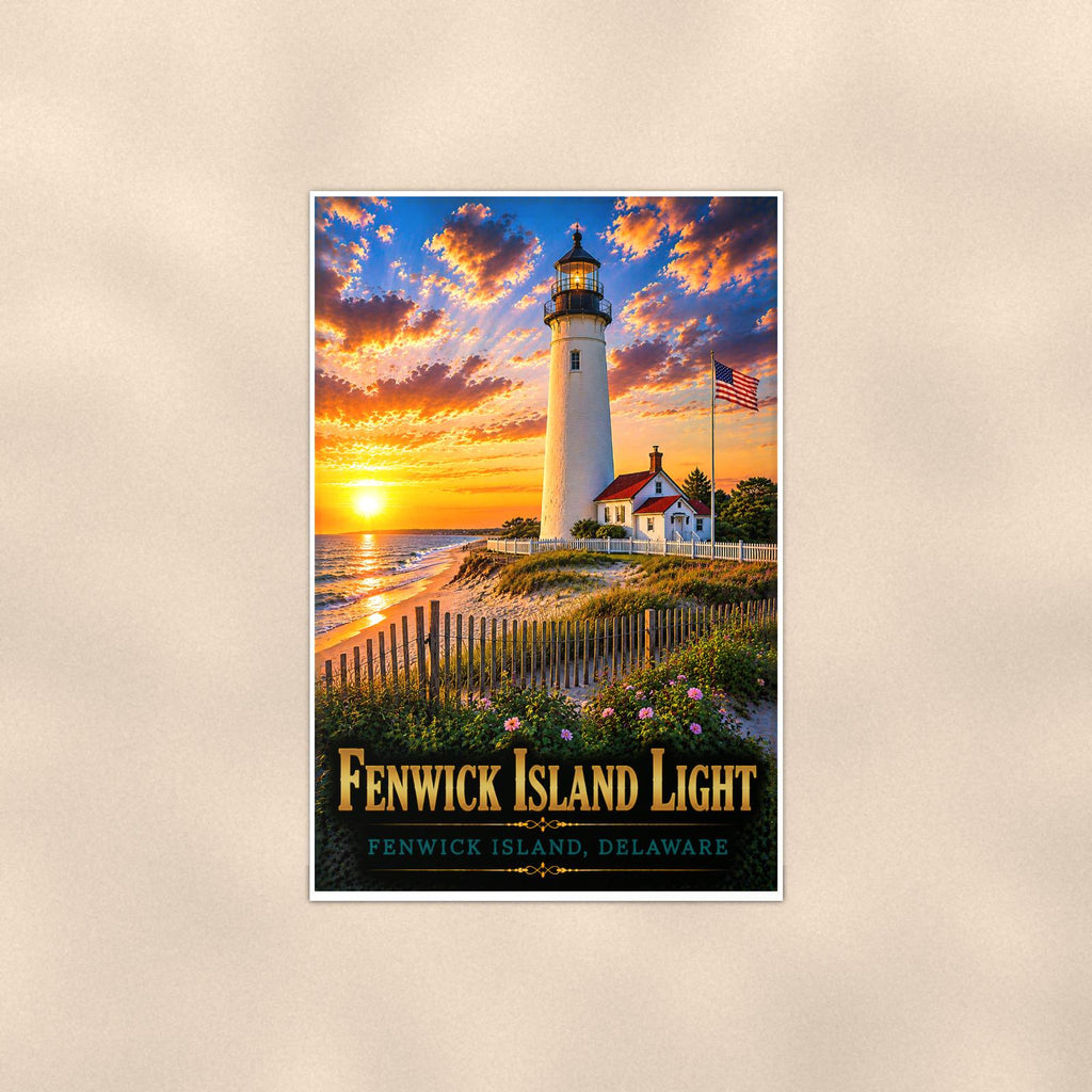 Fenwick Island Lighthouse — 24x36 in art print poster, premium luster paper with a white border; poster shown straight on against a warm wall.