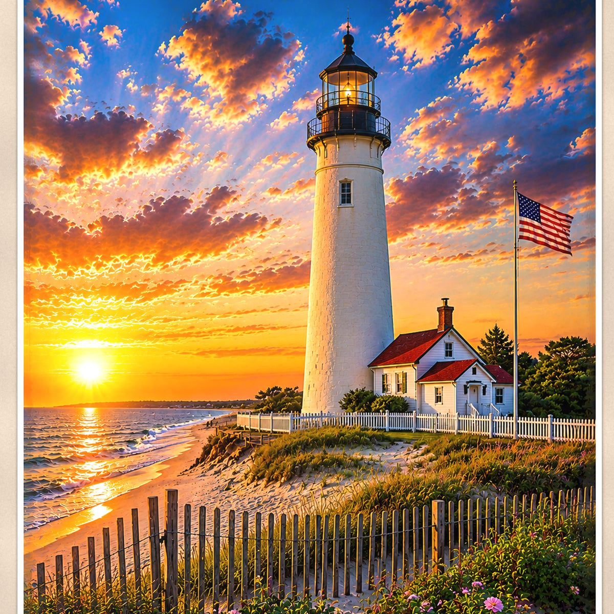 Fenwick Island Lighthouse — 24x36 in art print poster, premium luster paper with a white border; close-up framed on the main subject of the artwork, paper surface visible.