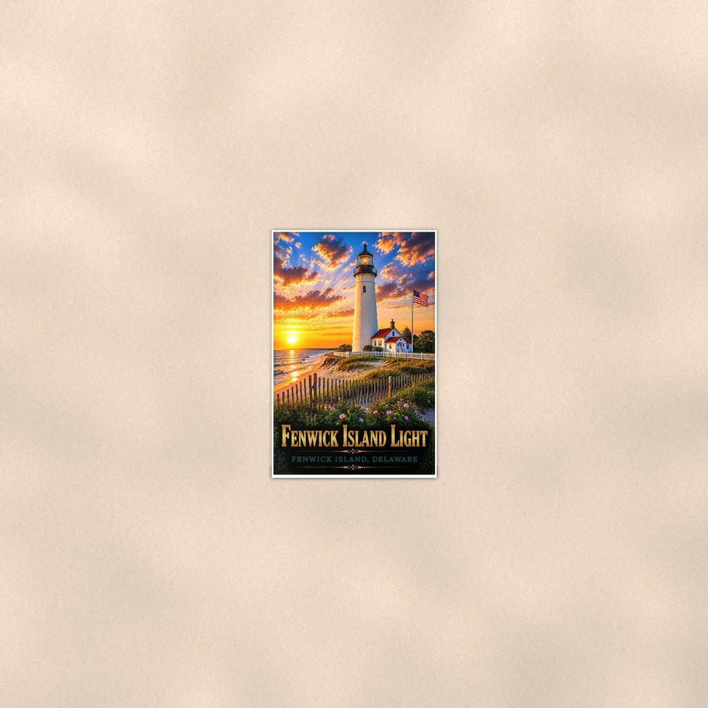 Fenwick Island Lighthouse — 24x36 in art print poster, premium luster paper with a white border; poster seen from further back, at true 24x36 in scale on a warm wall.