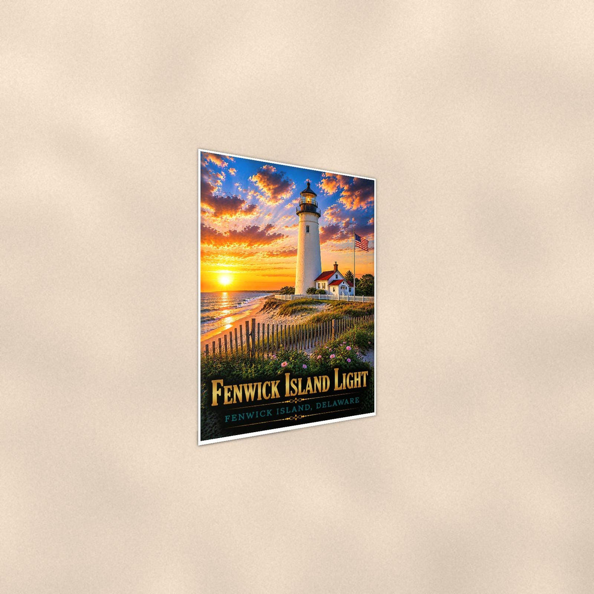 Fenwick Island Lighthouse — 24x36 in art print poster, premium luster paper with a white border; steeper three-quarter angle on a warm wall, catching the luster sheen.