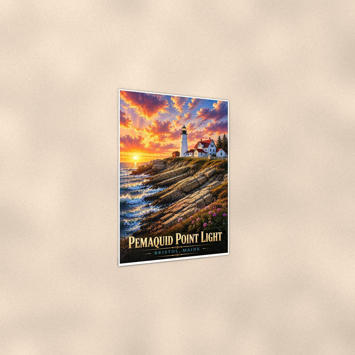 Pemaquid Point Lighthouse — 24x36 in art print poster, premium luster paper with a white border; gentle three-quarter angle on a warm wall, showing the flat paper edge.