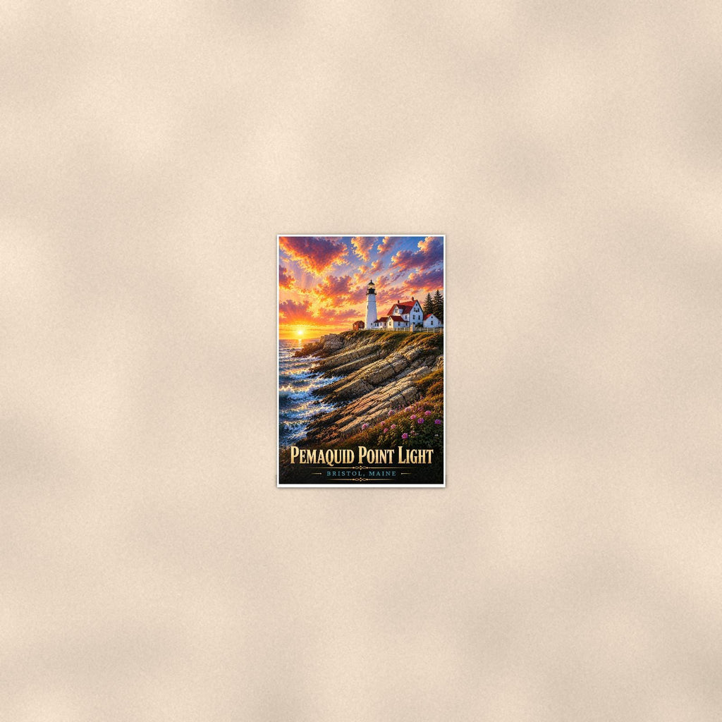 Pemaquid Point Lighthouse — 24x36 in art print poster, premium luster paper with a white border; poster seen from further back, at true 24x36 in scale on a warm wall.