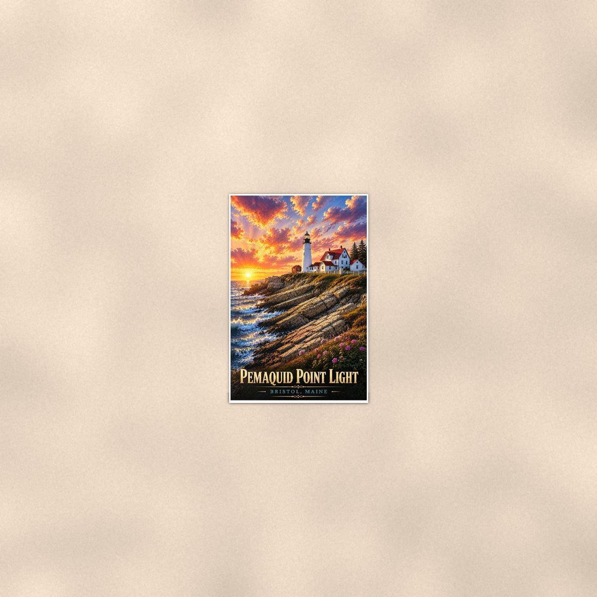 Pemaquid Point Lighthouse — 24x36 in art print poster, premium luster paper with a white border; poster seen from further back, at true 24x36 in scale on a warm wall.