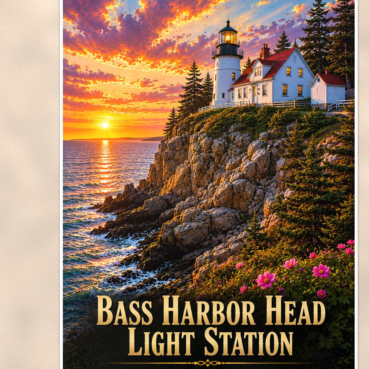Bass Harbor Head Light Station Lighthouse — 24x36 in art print poster, premium luster paper with a white border; close-up framed on the main subject of the artwork, paper surface visible.
