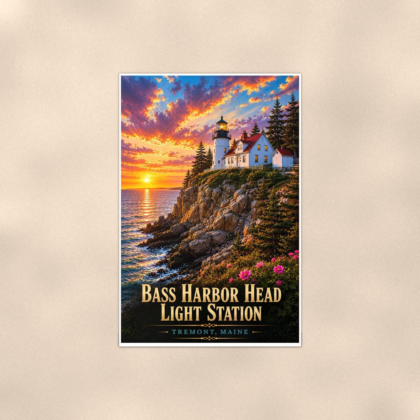 Bass Harbor Head Light Station Lighthouse — 24x36 in art print poster, premium luster paper with a white border; poster shown straight on against a warm wall.