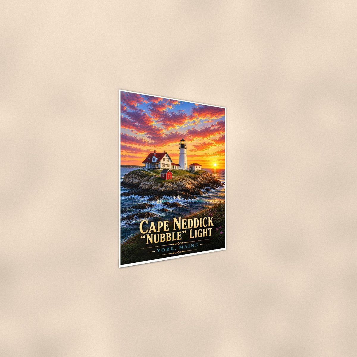 Cape Neddick 'Nubble' Lighthouse — 24x36 in art print poster, premium luster paper with a white border; steeper three-quarter angle on a warm wall, catching the luster sheen.