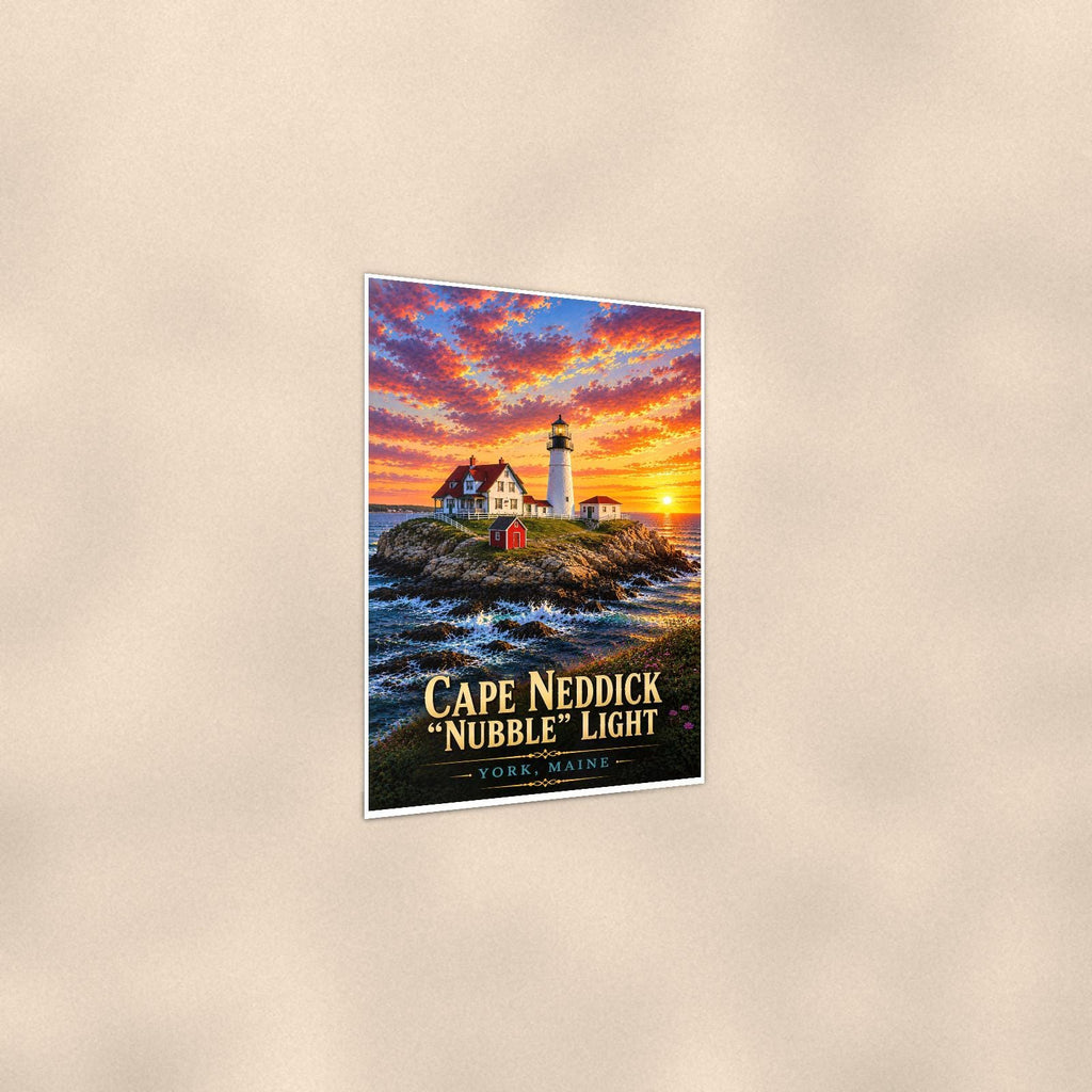 Cape Neddick 'Nubble' Lighthouse — 24x36 in art print poster, premium luster paper with a white border; gentle three-quarter angle on a warm wall, showing the flat paper edge.