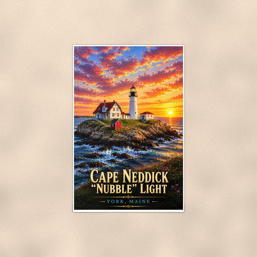 Cape Neddick 'Nubble' Lighthouse — 24x36 in art print poster, premium luster paper with a white border; poster shown straight on against a warm wall.