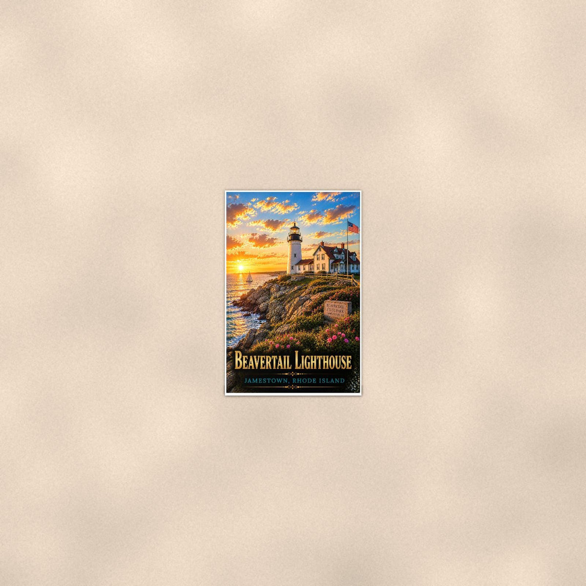 Beavertail Lighthouse — 24x36 in art print poster, premium luster paper with a white border; poster seen from further back, at true 24x36 in scale on a warm wall.
