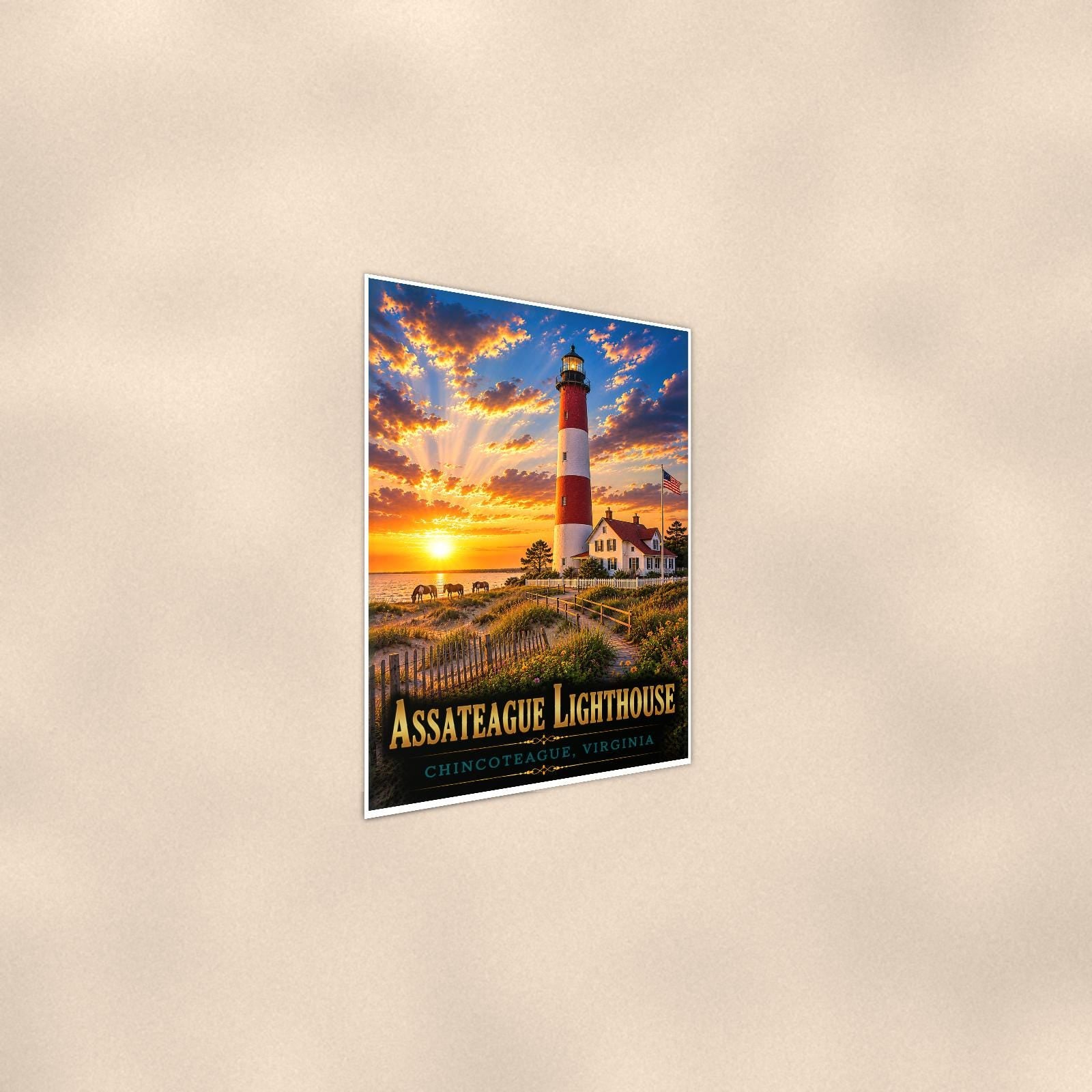 Assateague Lighthouse — 24x36 in art print poster, premium luster paper with a white border; steeper three-quarter angle on a warm wall, catching the luster sheen.