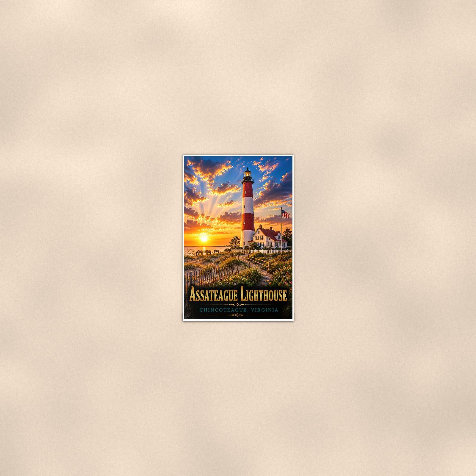 Assateague Lighthouse — 24x36 in art print poster, premium luster paper with a white border; poster seen from further back, at true 24x36 in scale on a warm wall.