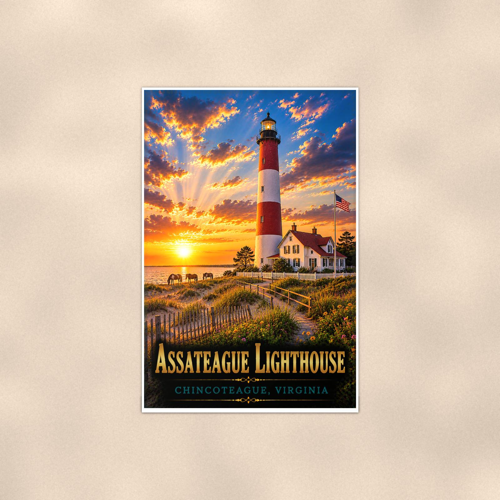 Assateague Lighthouse — 24x36 in art print poster, premium luster paper with a white border; poster shown straight on against a warm wall.