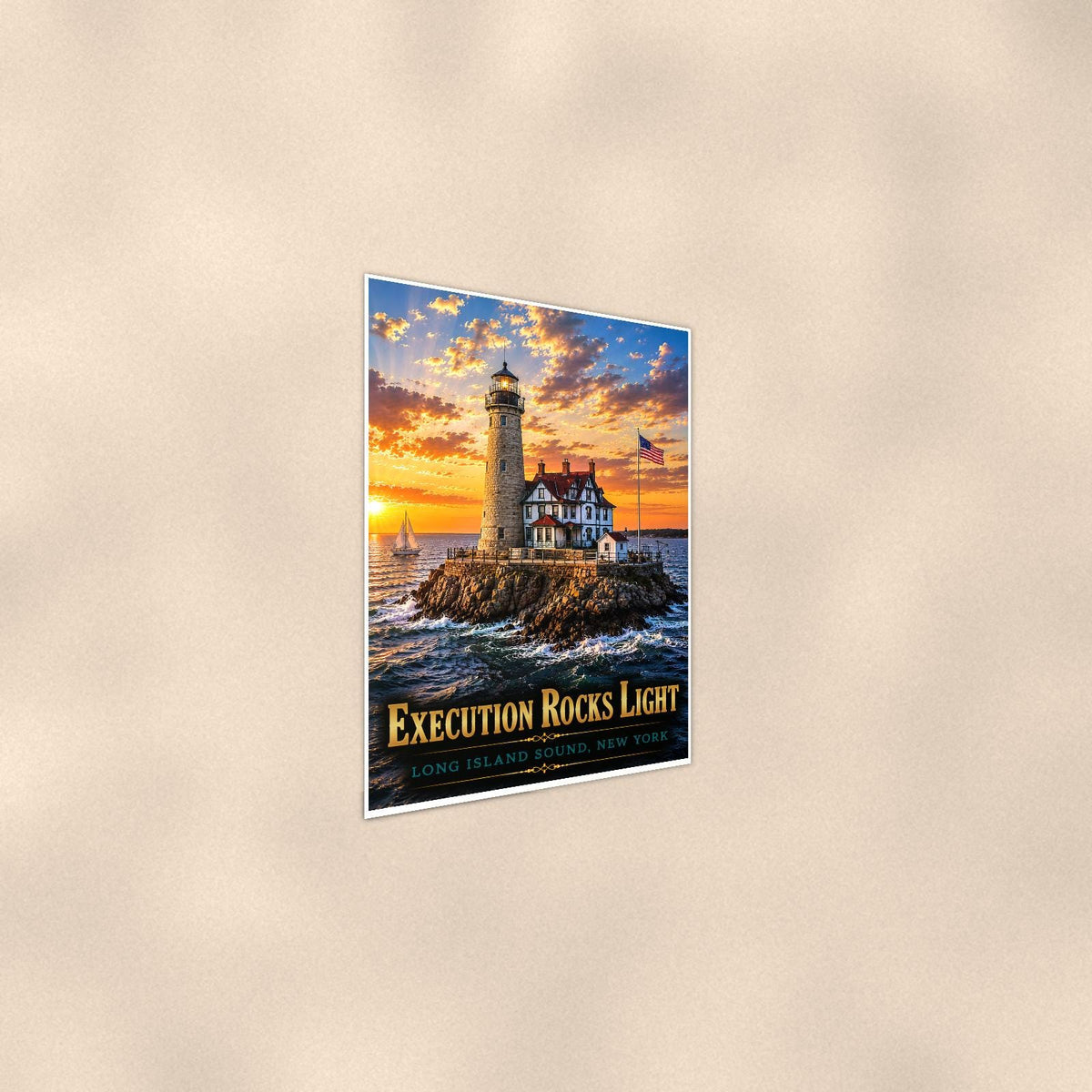 Execution Rocks Lighthouse — 24x36 in art print poster, premium luster paper with a white border; steeper three-quarter angle on a warm wall, catching the luster sheen.