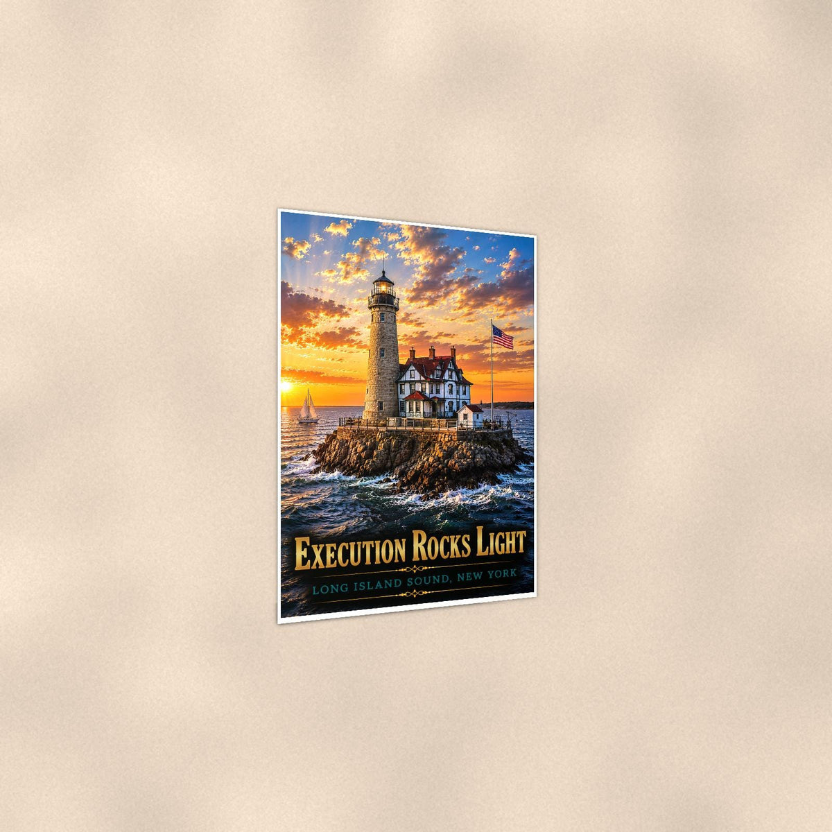 Execution Rocks Lighthouse — 24x36 in art print poster, premium luster paper with a white border; gentle three-quarter angle on a warm wall, showing the flat paper edge.